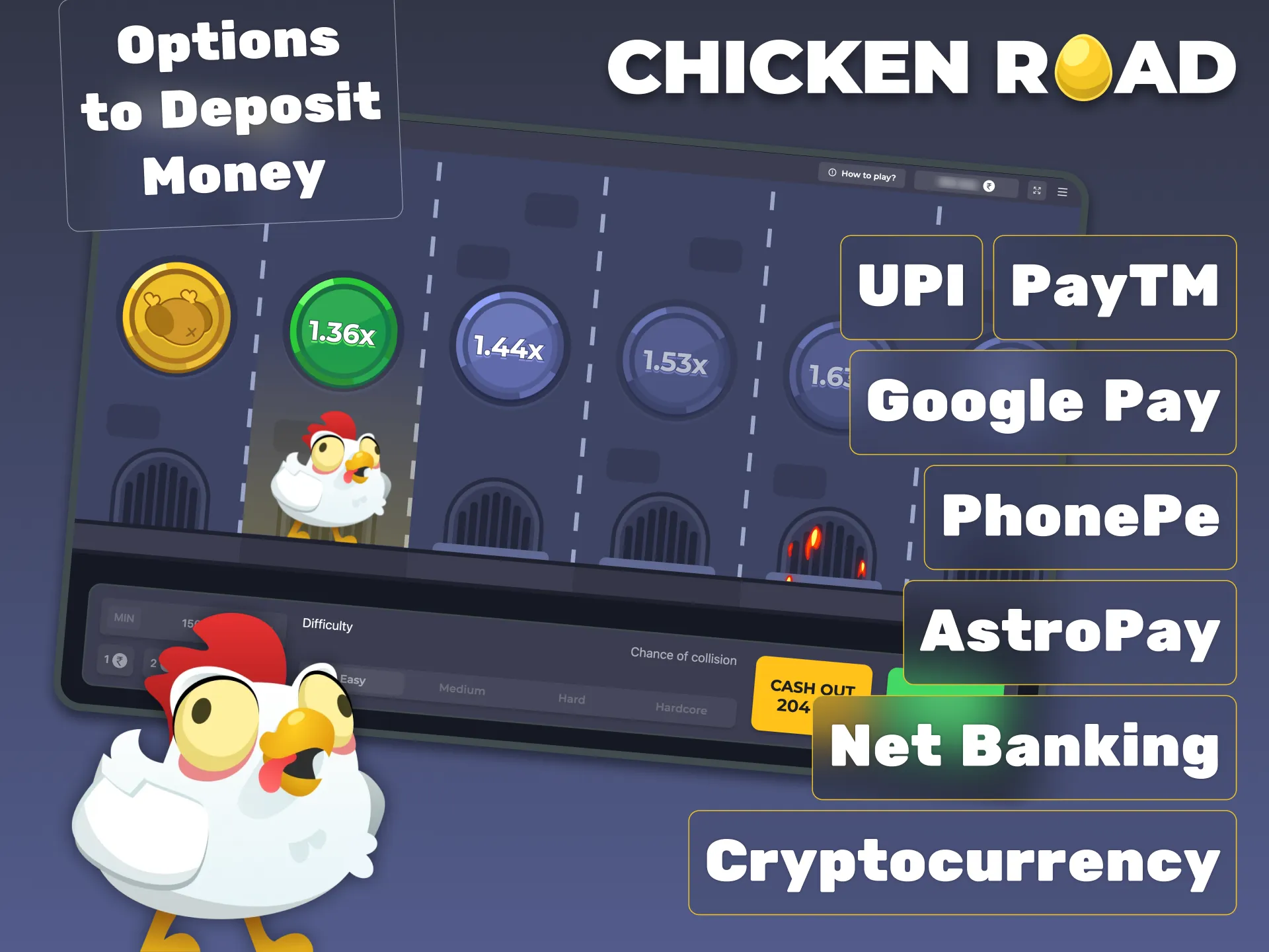 You have multiple deposit options to fund your account for playing Chicken Road.