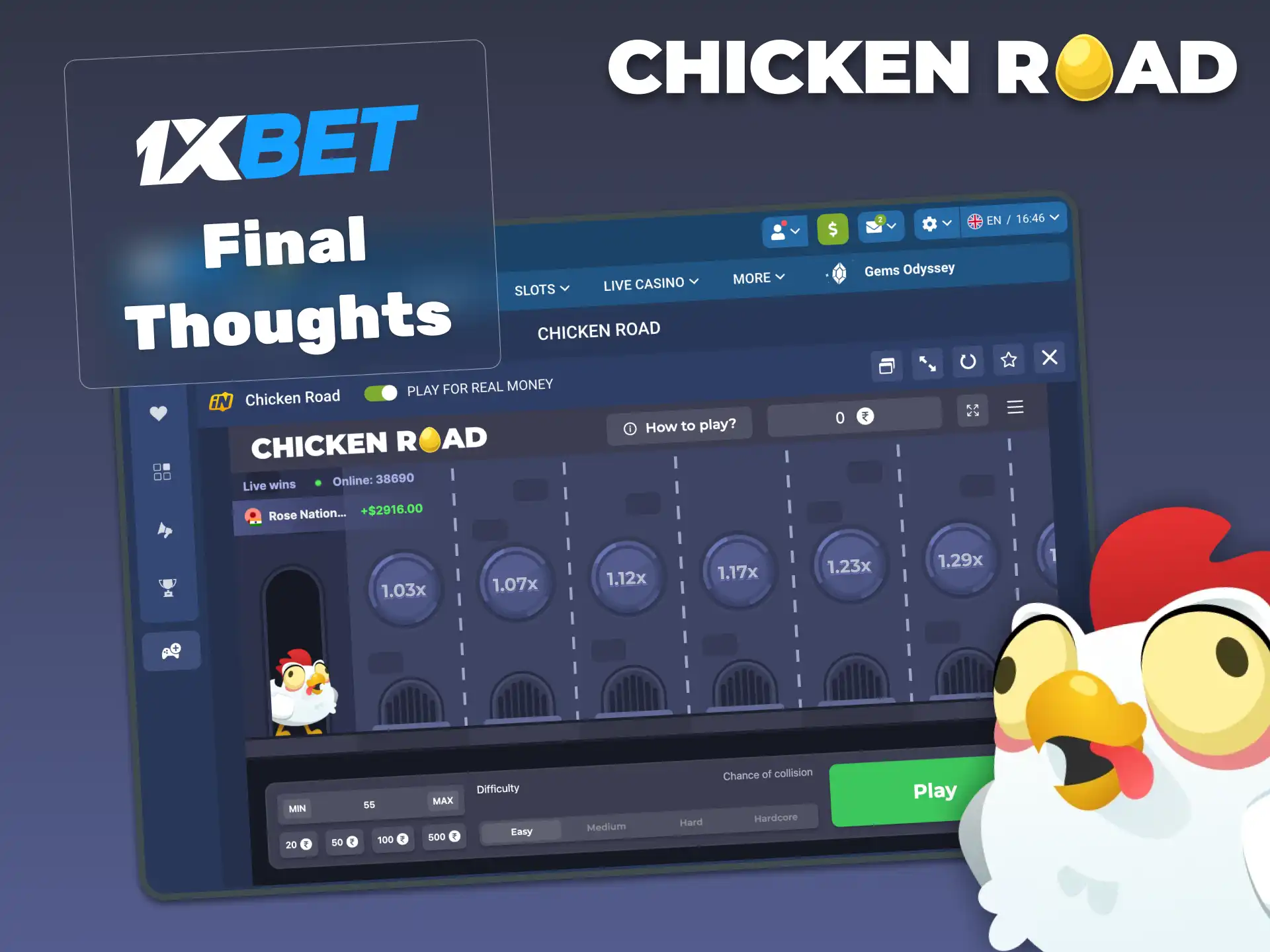 Play 1xBet Chicken Road online with crash mechanics, bonuses, and easy deposits.