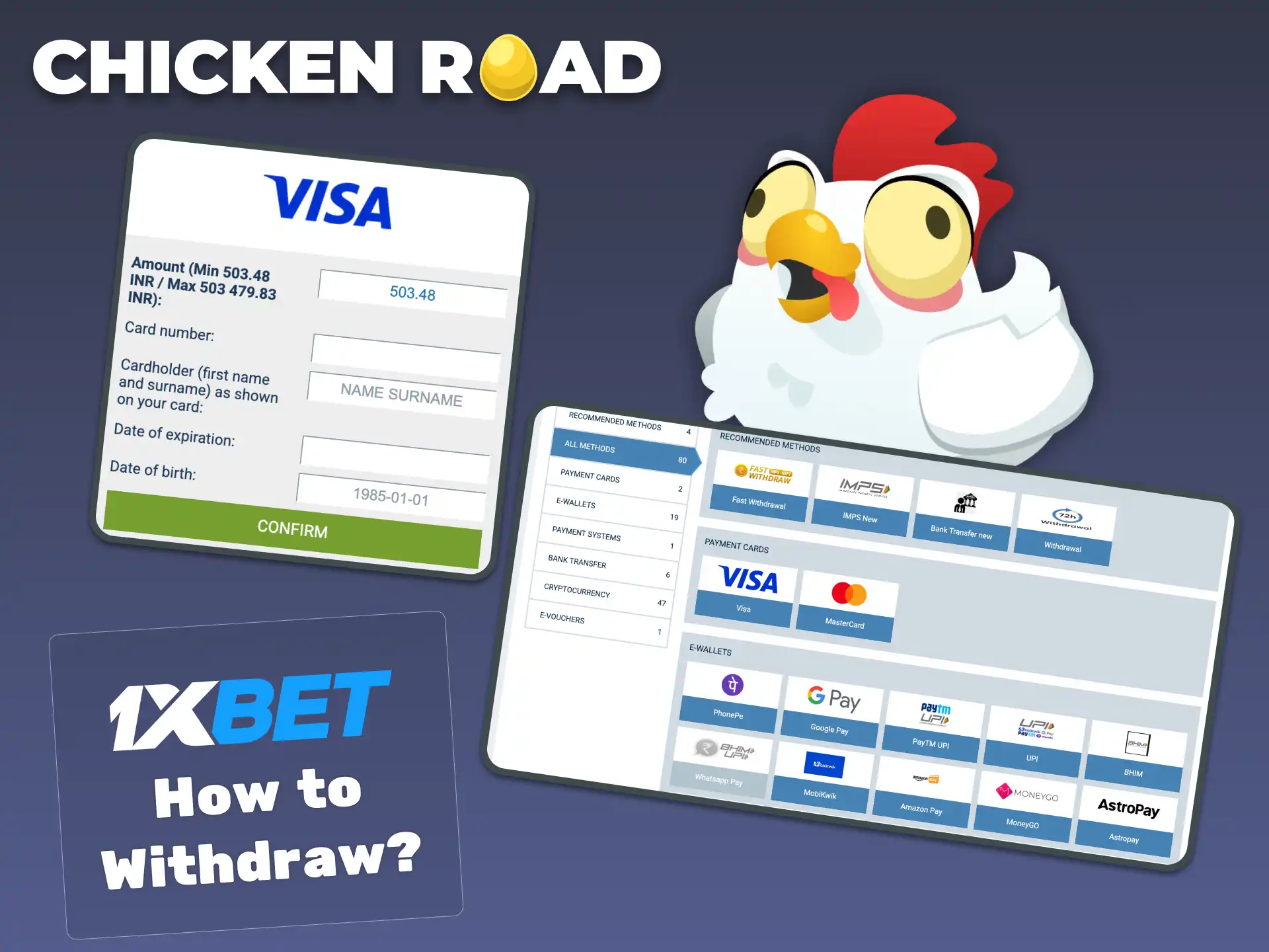 Open cashier on 1xBet, enter withdrawal amount, pass verification, and cash out your Chicken Road funds.