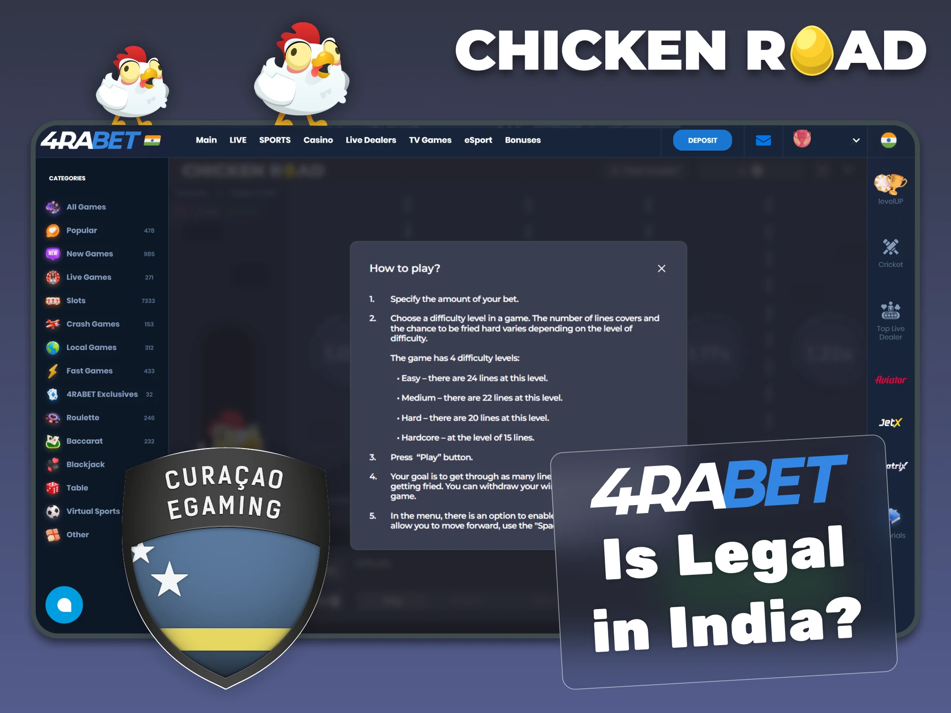 Play Chicken Road at the licensed casino website 4rabet.