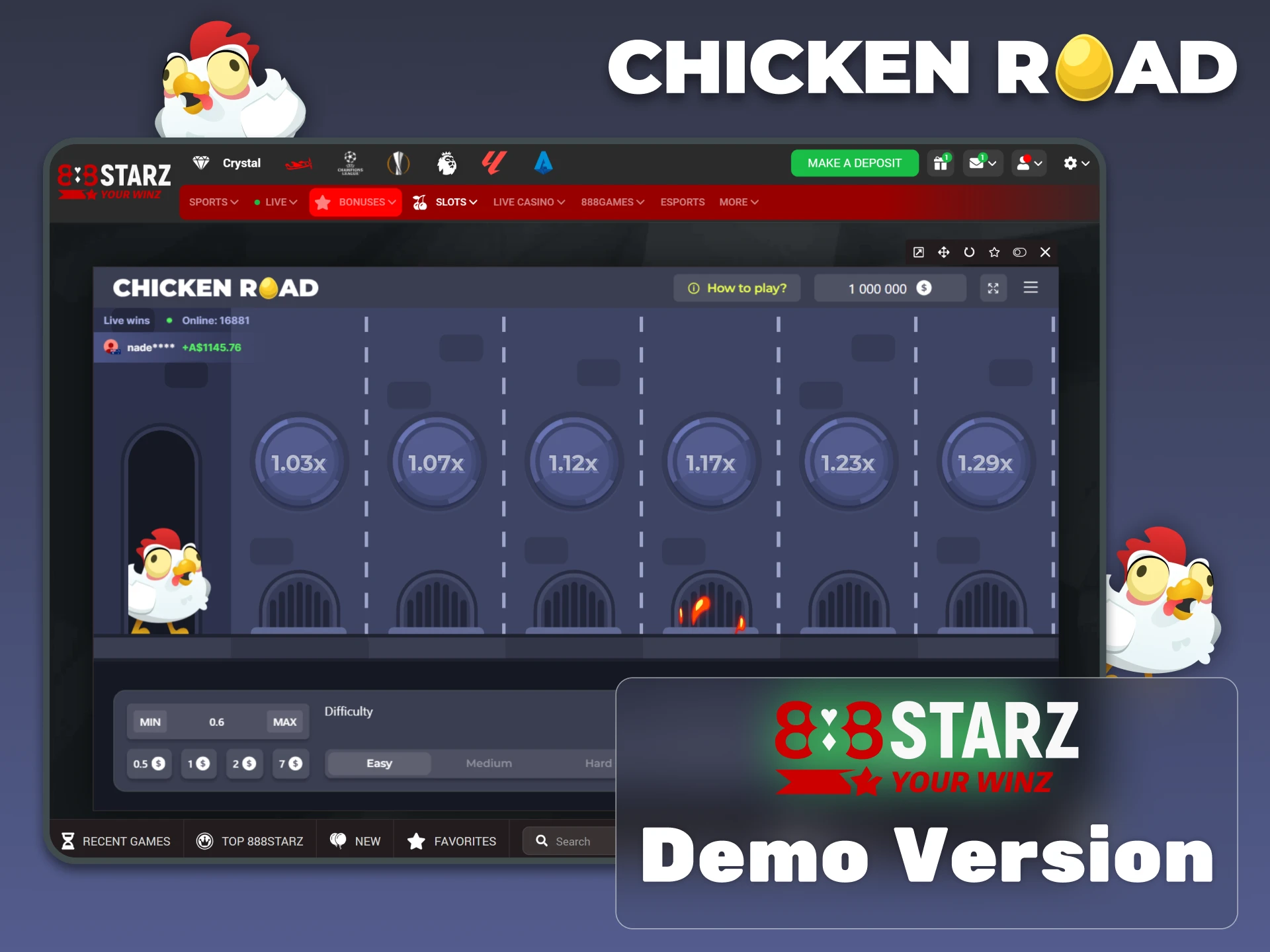 A demo version of Chicken Road is available to play at 888starz.