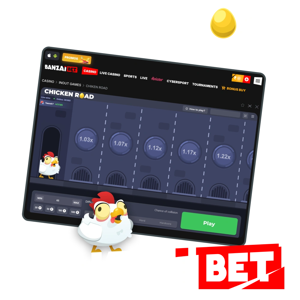 BanzaiBet offers access to Chicken Road along with a welcome bonus for new players.