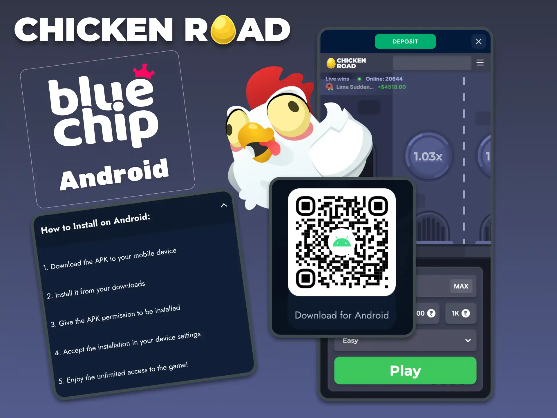 Quickly install the Bluechip Android app from the website to play Chicken Road anytime.