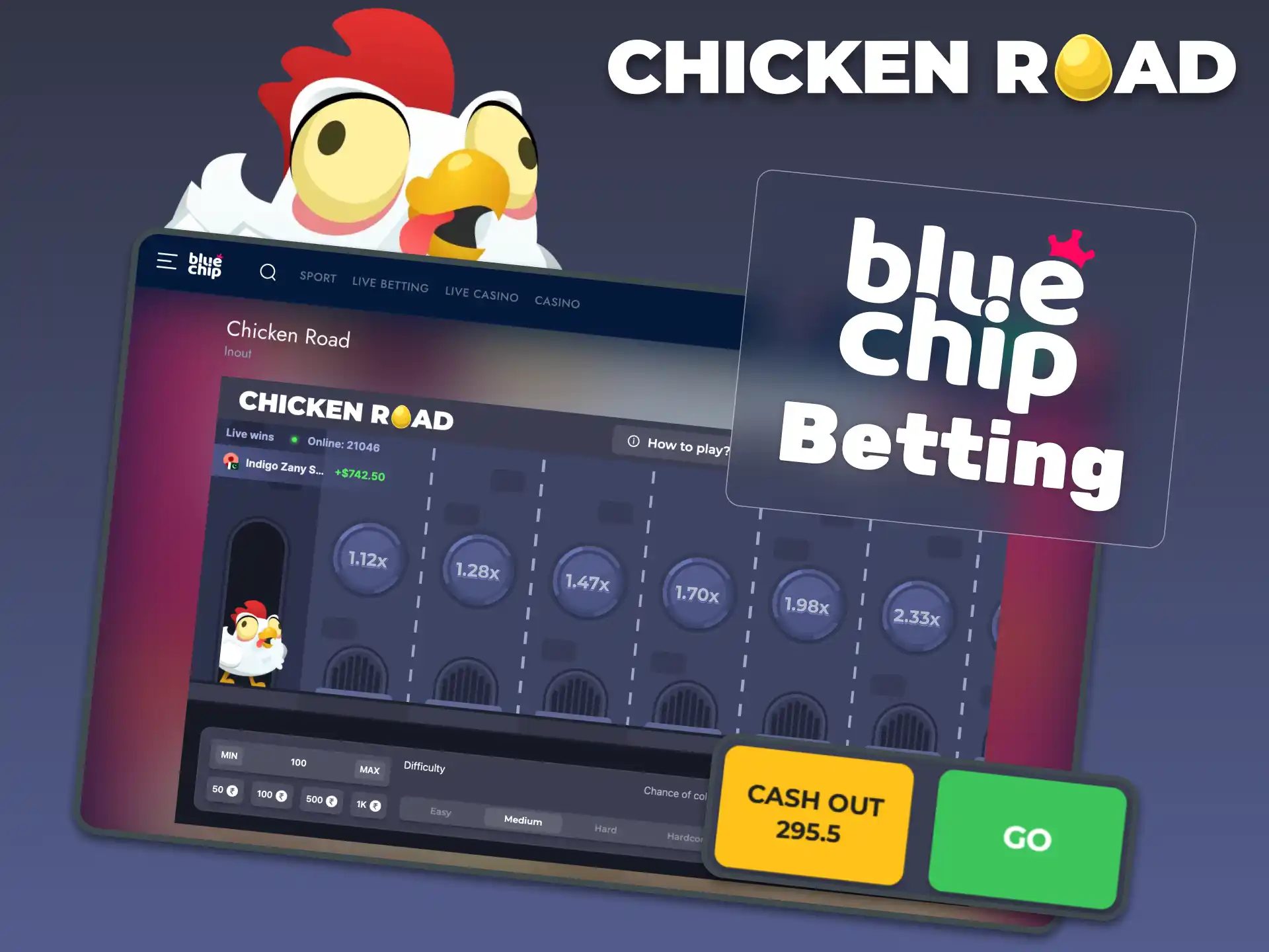 Place your bet and choose the difficulty to start playing Chicken Road at Bluechip.