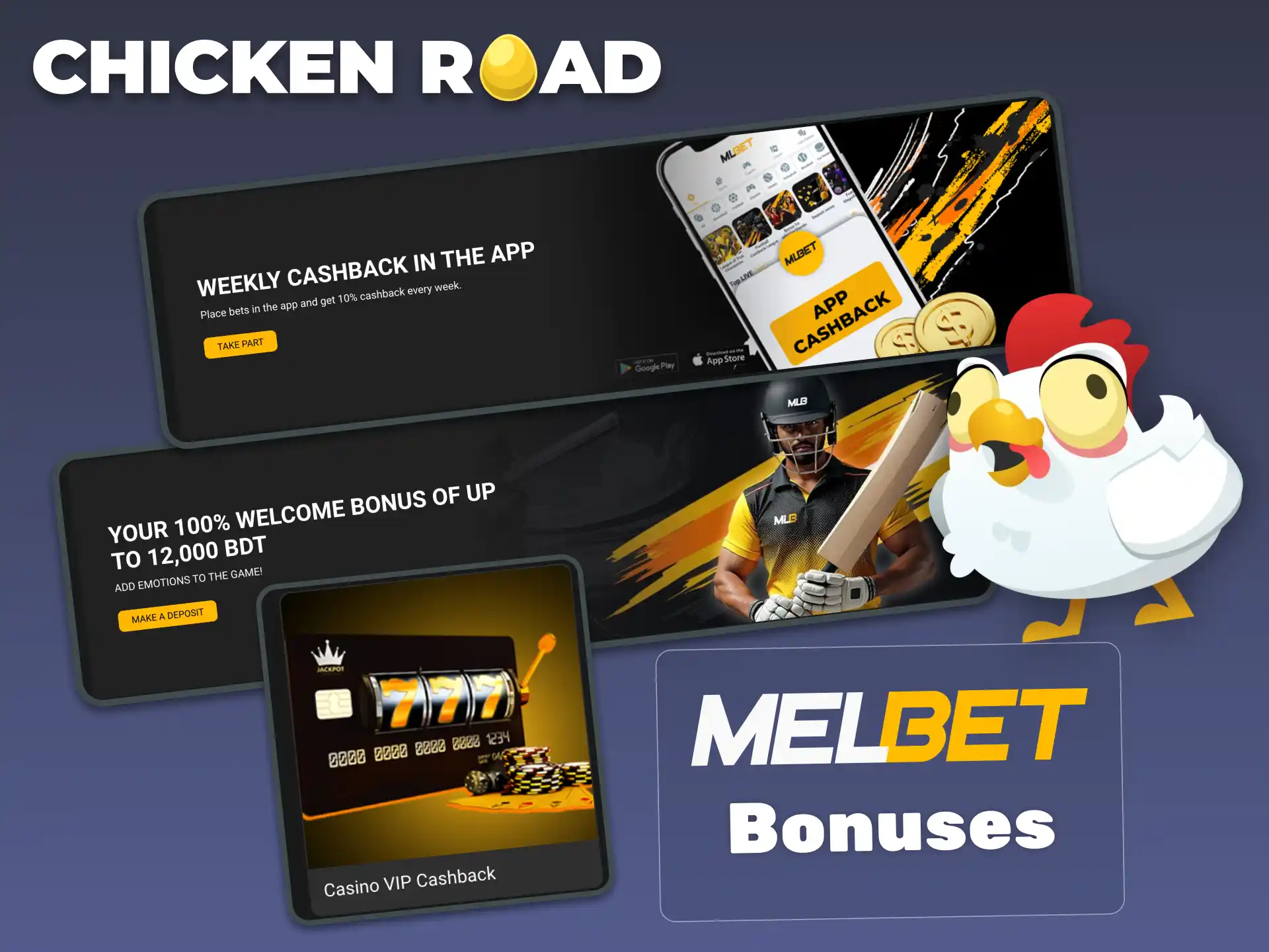 Melbet Chicken Road players can access loyalty rewards, app cashback, and deposit bonuses.