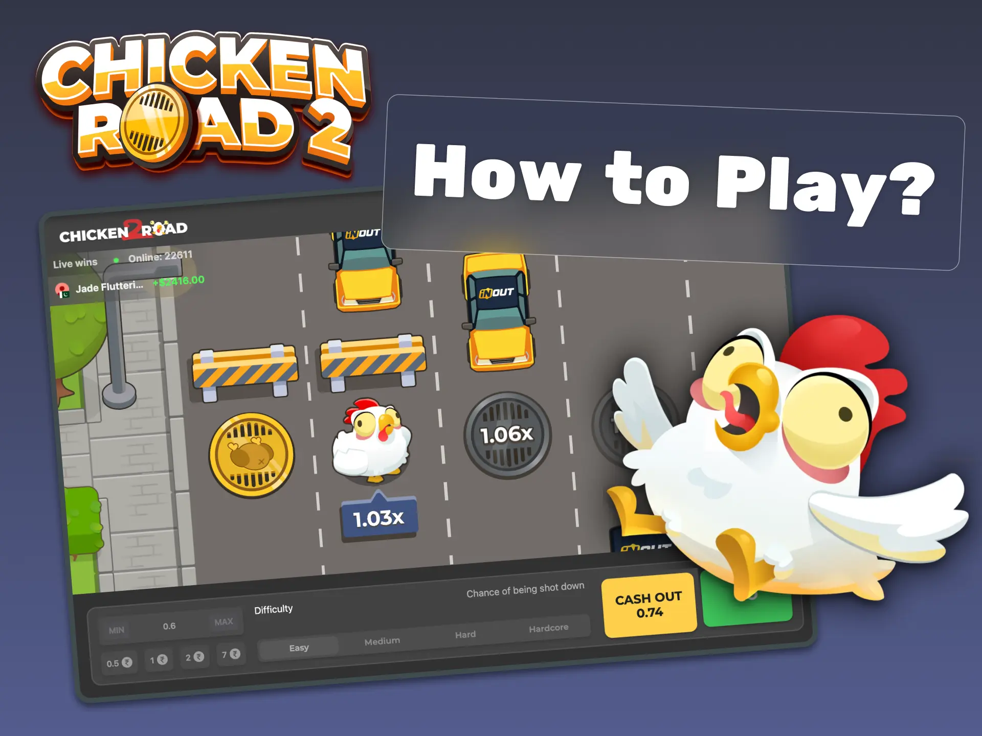 Start playing Chicken Road 2, choose difficulty, place your bet, and win rewards.