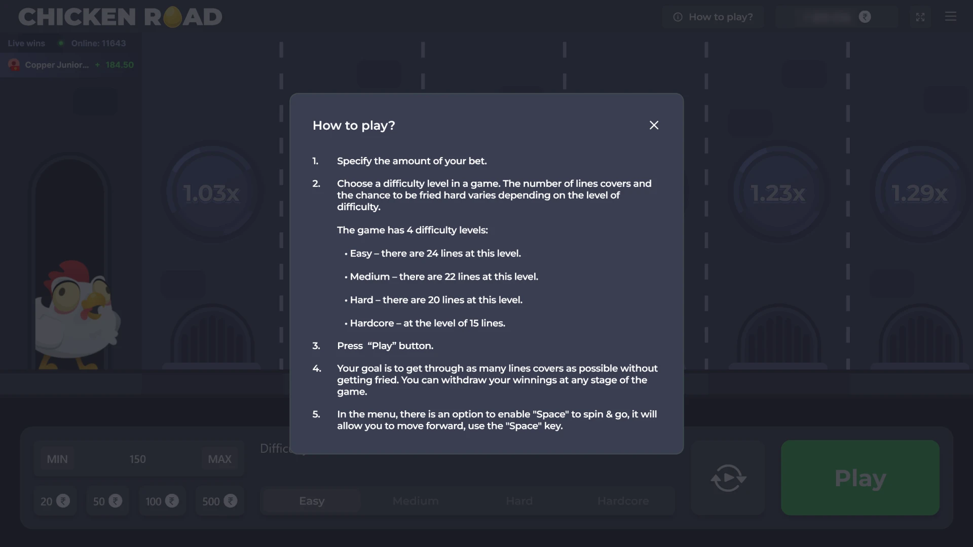 Rules of the Chicken Road in the game interface.