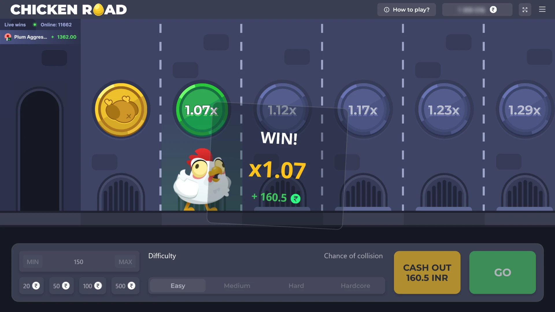Screenshot of the Chicken Road interface when you win.