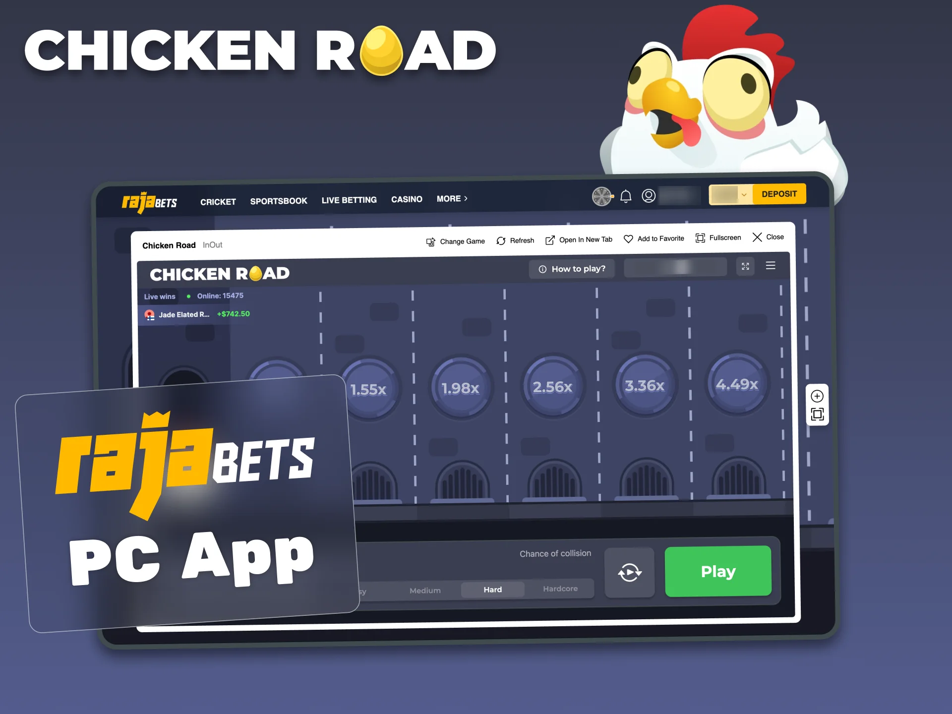 Open RajaBets on Windows or macOS, log in and start Chicken Road.