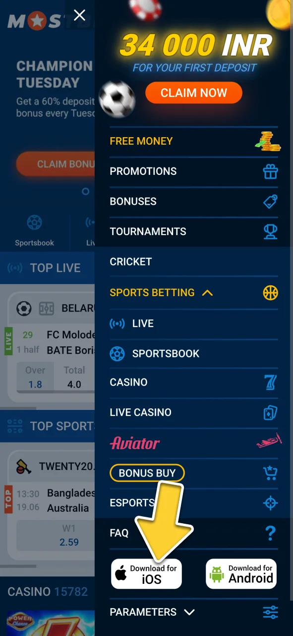 Locate the iOS app button on the casino homepage, tap it to download and play Chicken Road.