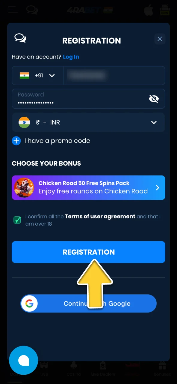 Click Register on the casino website, fill in the sign up form and play Chicken Road.